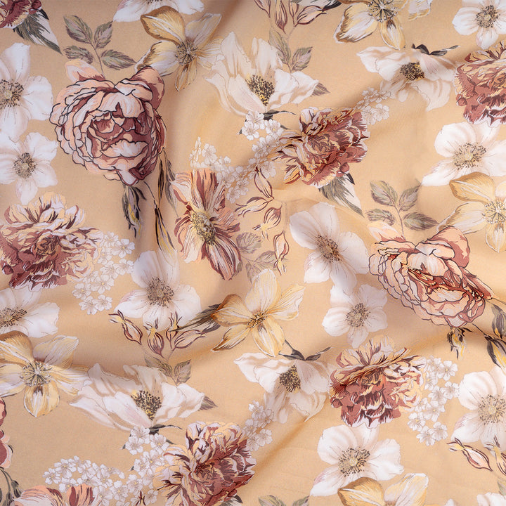 Golden Brown Red Floral Digital Print Organza Fabric