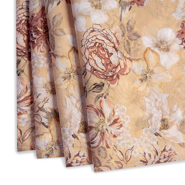 Golden Brown Red Floral Digital Print Organza Fabric