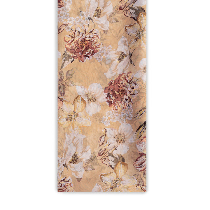 Golden Brown Red Floral Digital Print Organza Fabric