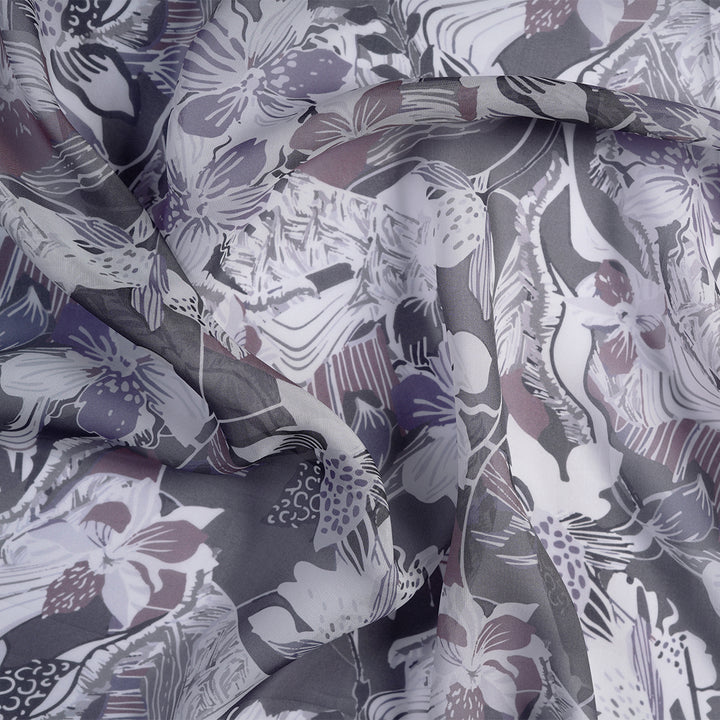 Elegant Grey White Floral Digital Print Organza Fabric