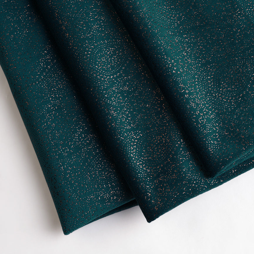 Peacock Green Velvet Fabric With Gold Foil Paisley Motif