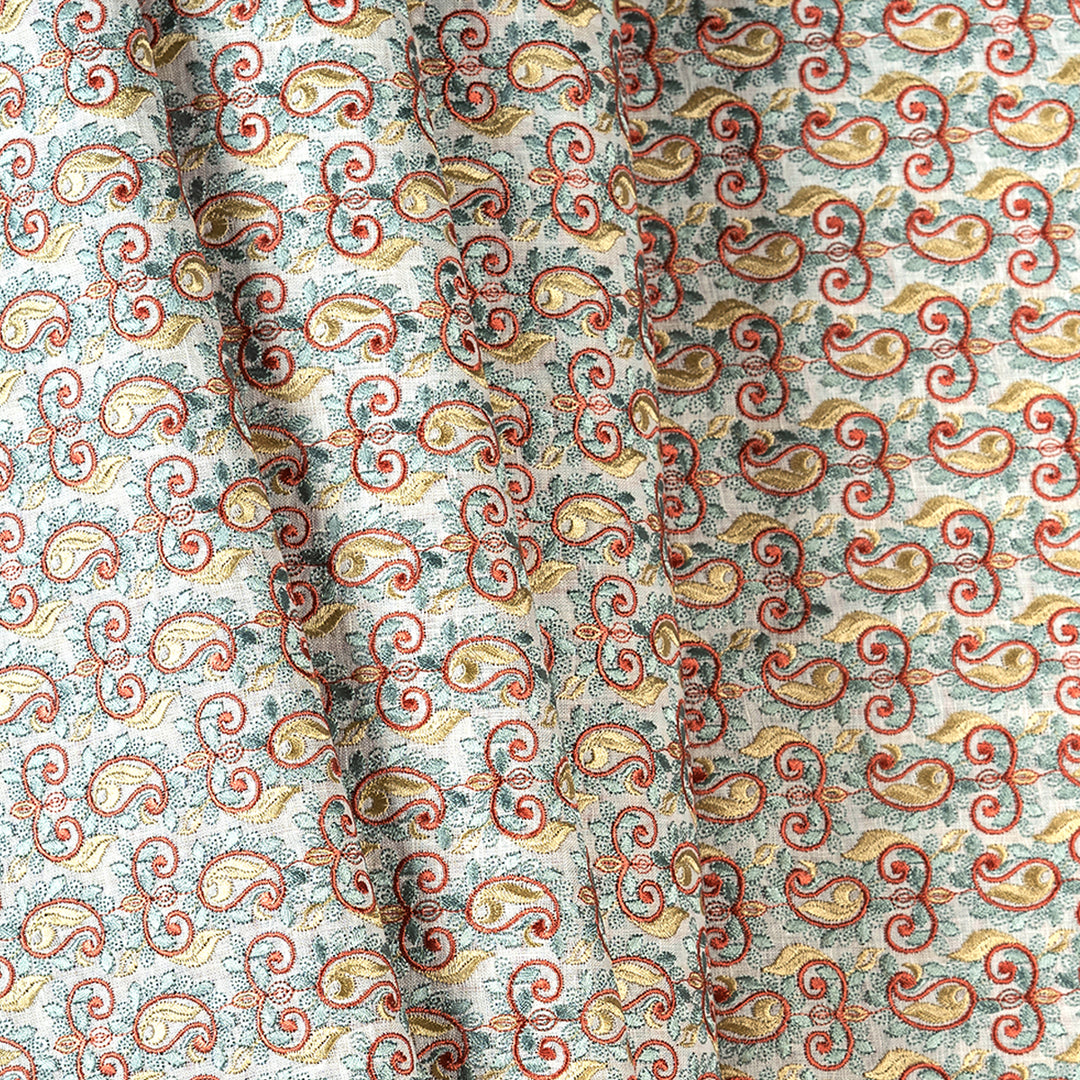 Light Blue Paisley Pattern Pure Linen Embroidered Fabric