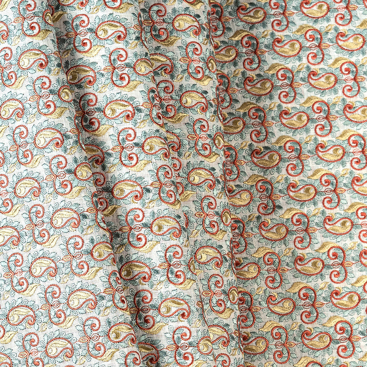 Light Blue Paisley Pattern Pure Linen Embroidered Fabric