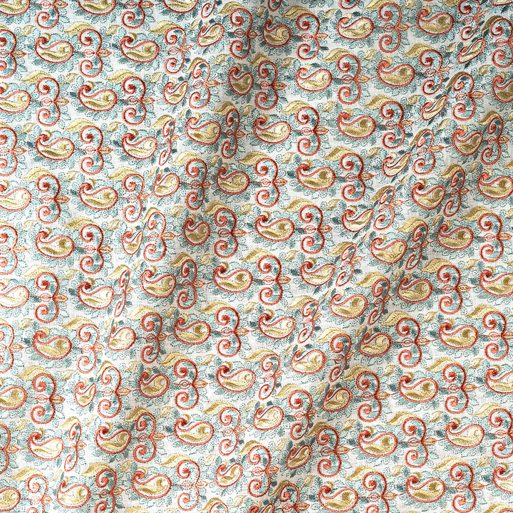 Light Blue Paisley Pattern Pure Linen Embroidered Fabric