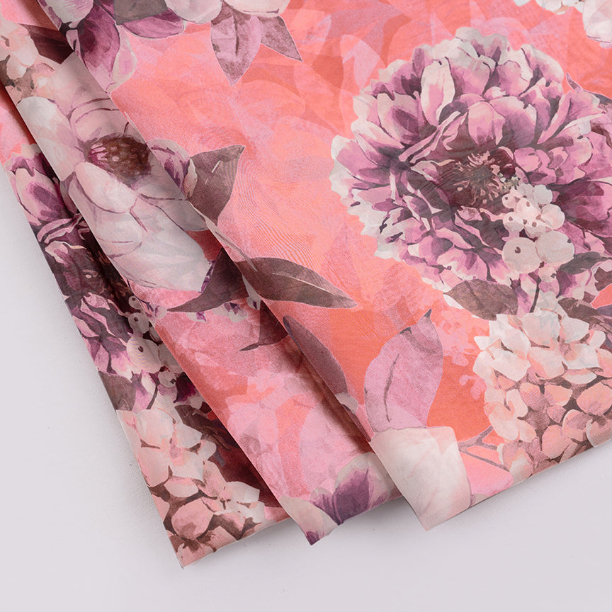 Salmon Pink Floral Digital Printed Soft Organza Silk