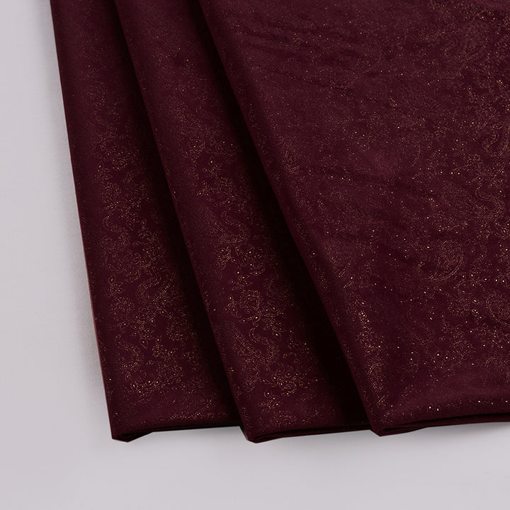 Maroon Velvet Fabric With Gold Foil Paisley