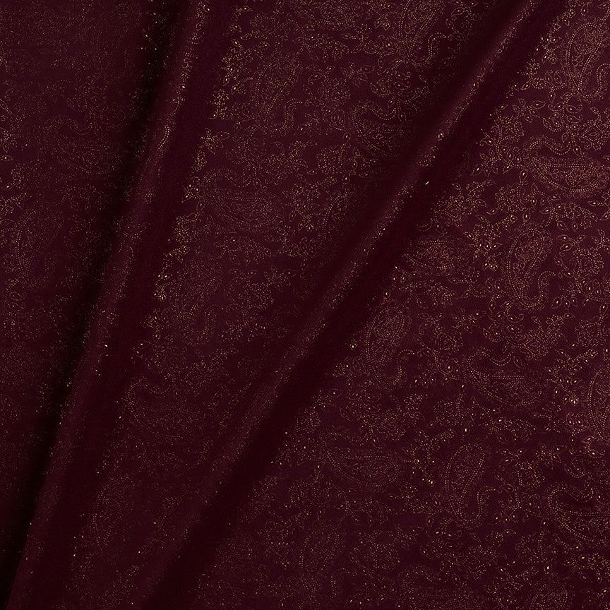 Maroon Velvet Fabric With Gold Foil Paisley – Fabnic