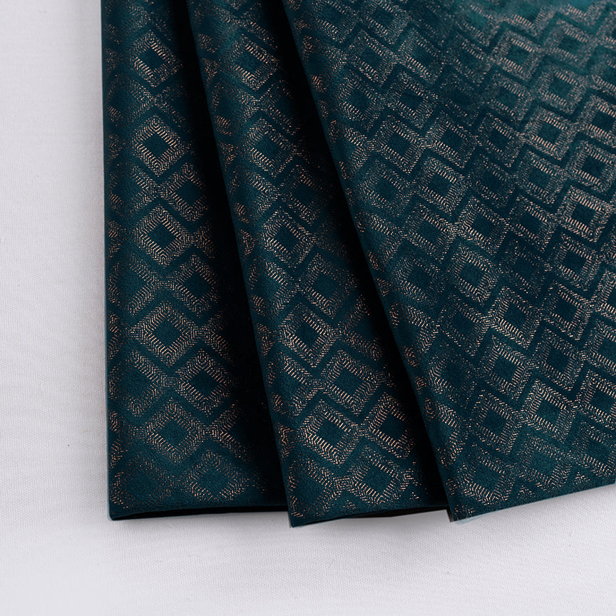 Bottle Green Velvet Fabric With Geometric Gold Foil