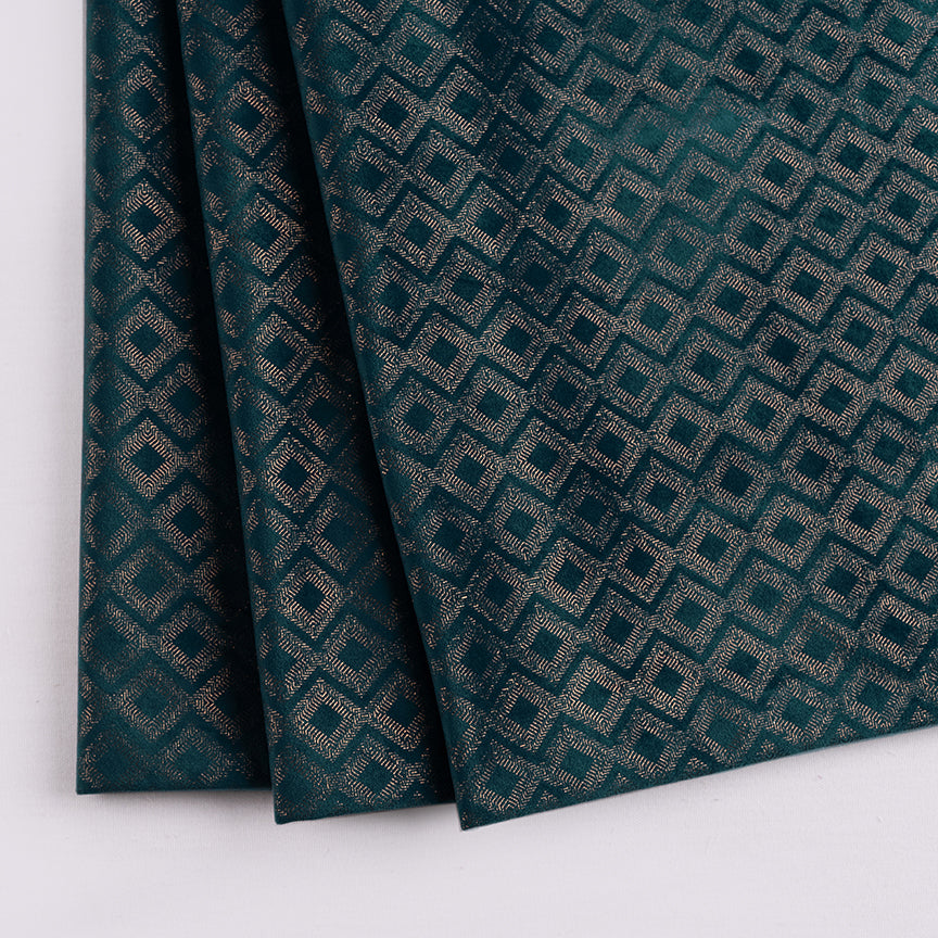 Bottle Green Velvet Fabric With Geometric Gold Foil