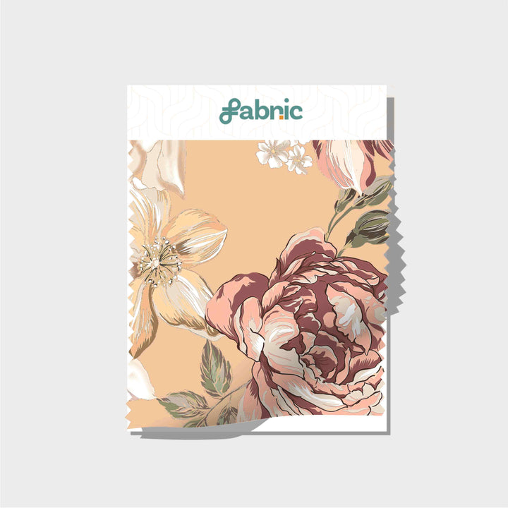 Golden Brown Red Floral Digital Print Organza Fabric
