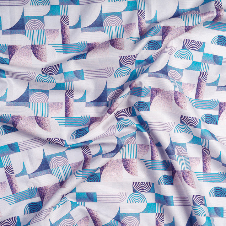 Blue and Purple Geometric Pattern Digital Print Japanese Cotton Satin
