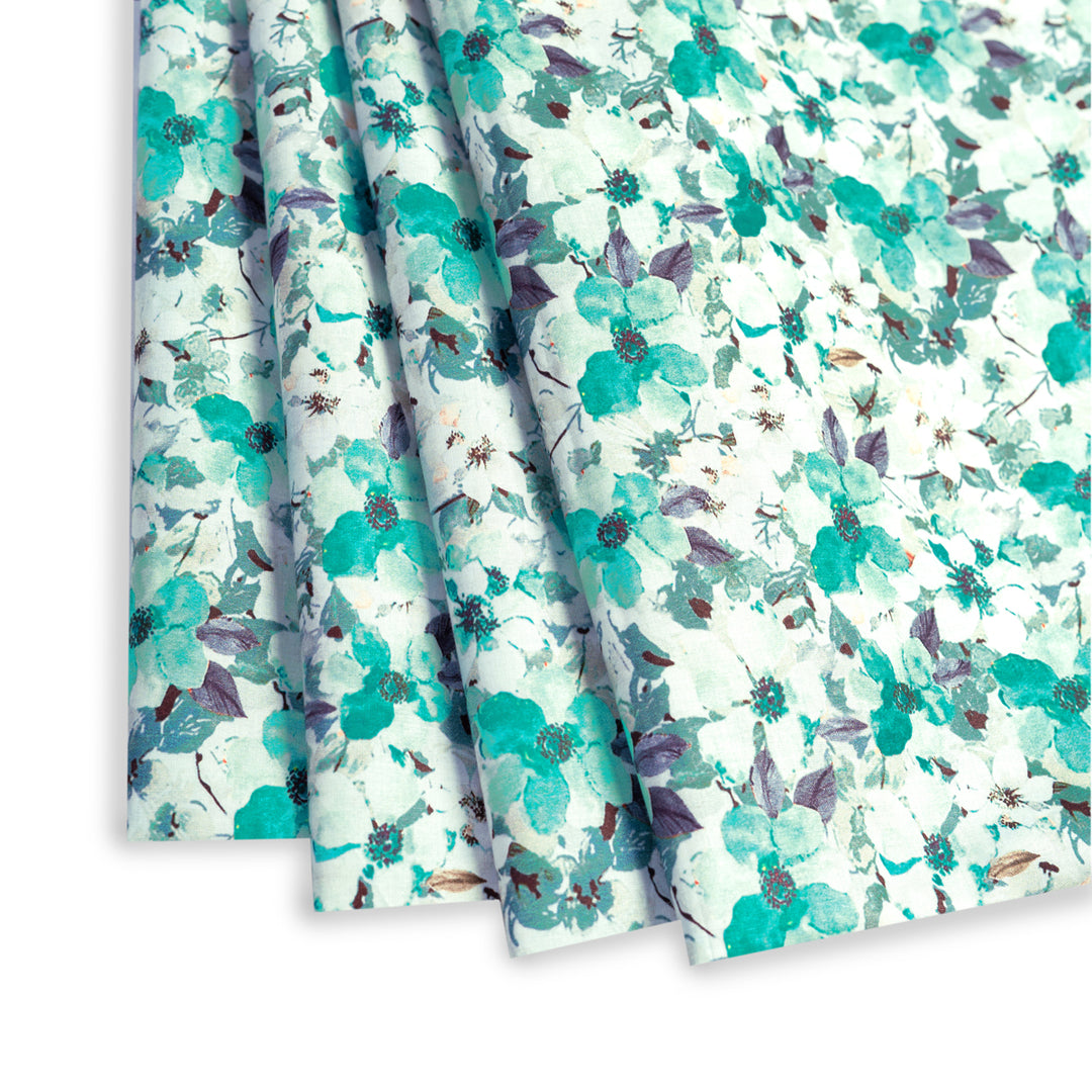 Forest Green Floral Digital Print Pure Cotton Cambric Fabric