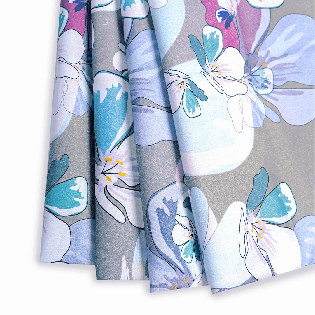 Gull Grey Floral Digital Print Pure Cotton Cambric Fabric
