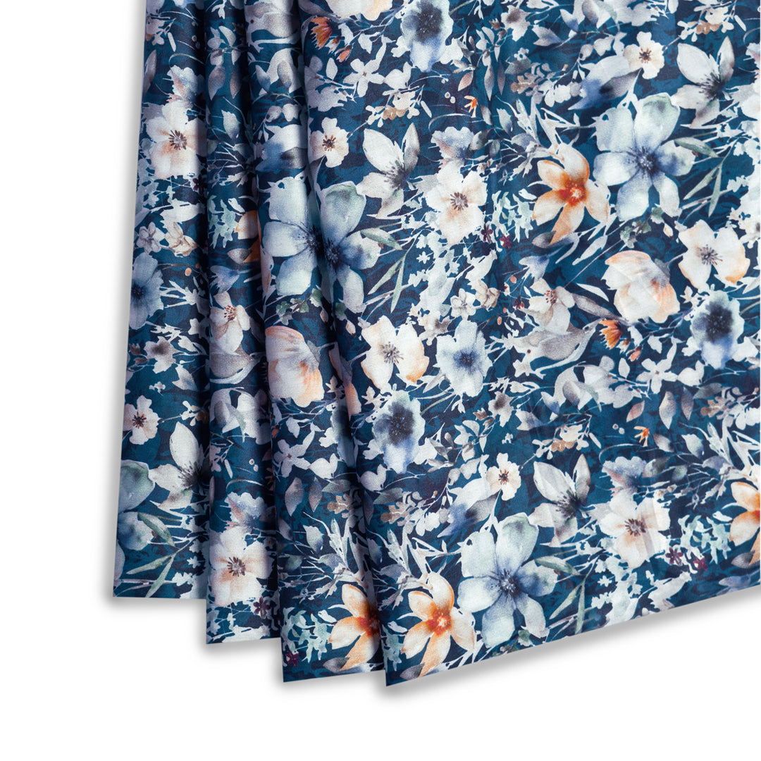 Blue and White Floral Pattern Digital Print Japanese Cotton Satin