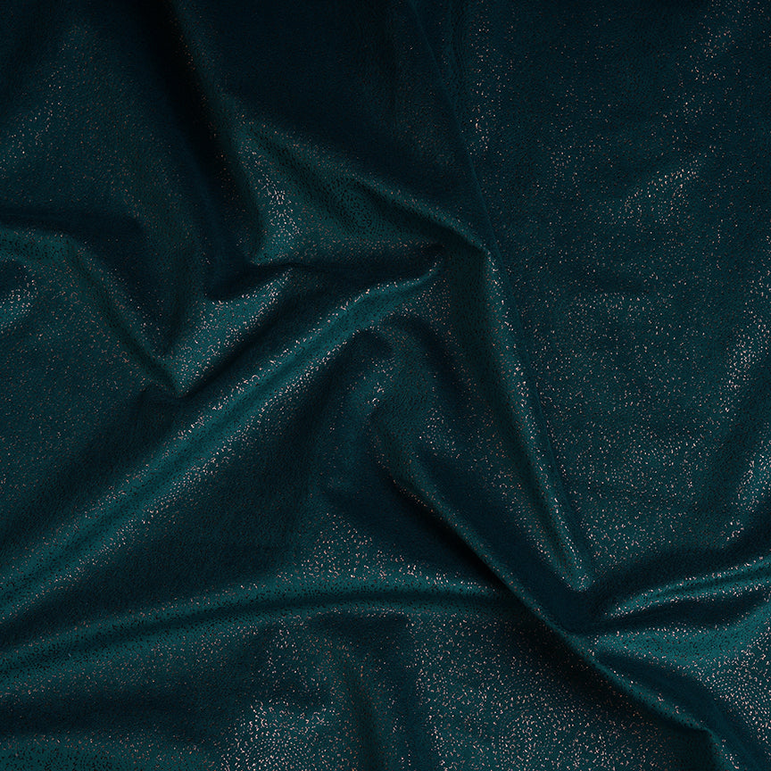 Peacock Green Velvet Fabric With Gold Foil Paisley Motif