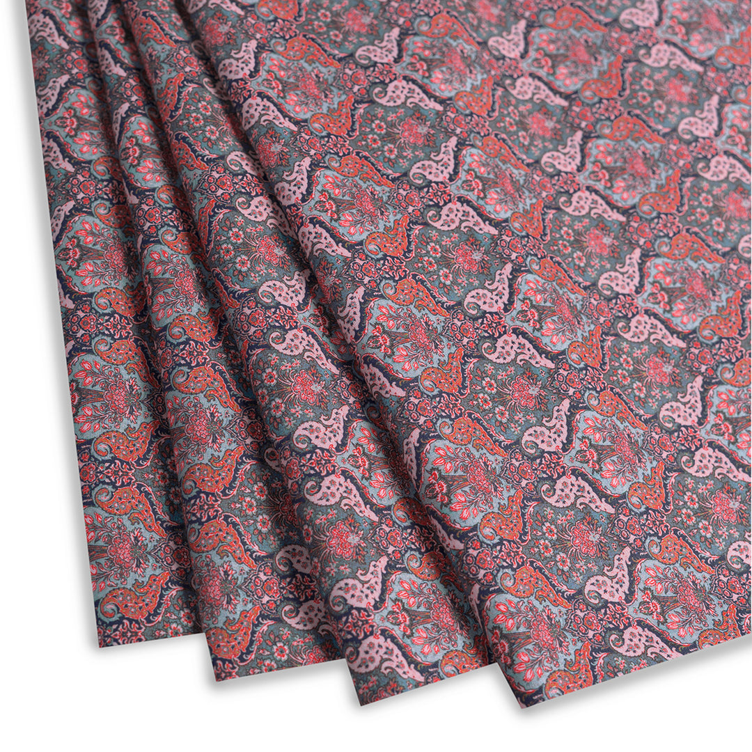 Contemporary Damask Digital Print Pure Cotton Cambric Fabric in Burgundy Vibrant Tones
