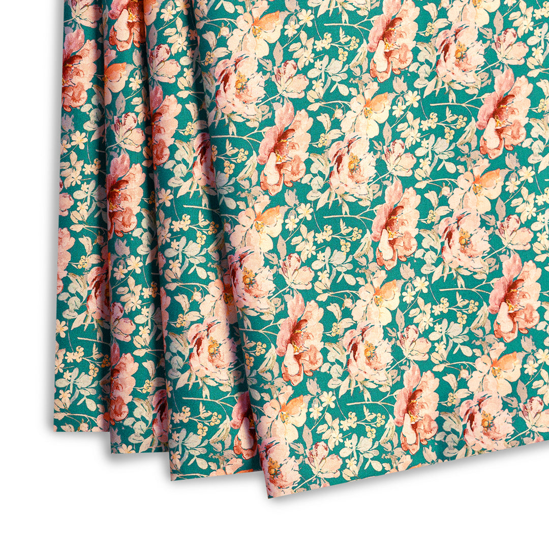 Green & Pink Floral Digital Print Japanese Cotton Satin