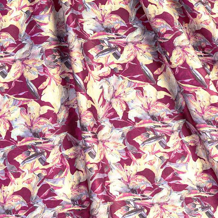 Deep Red Floral Pattern Digital Print Japanese Cotton Satin