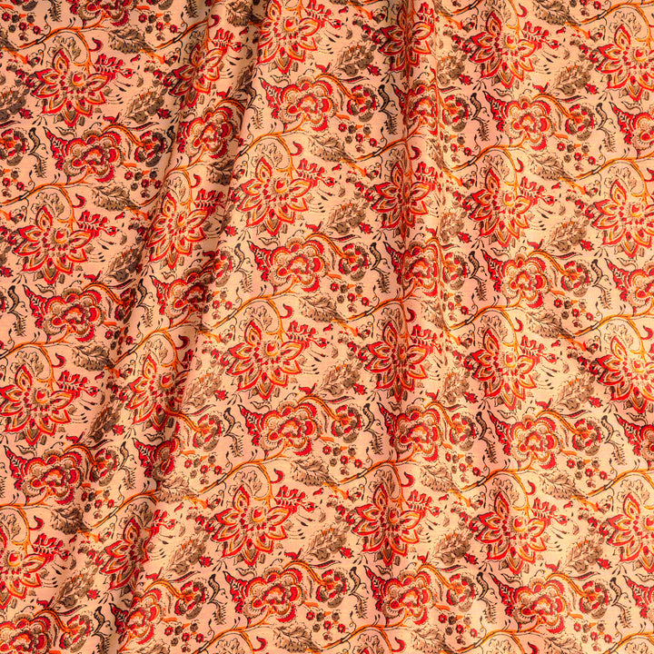 Beige Floral Digital Print Compact Cotton Satin