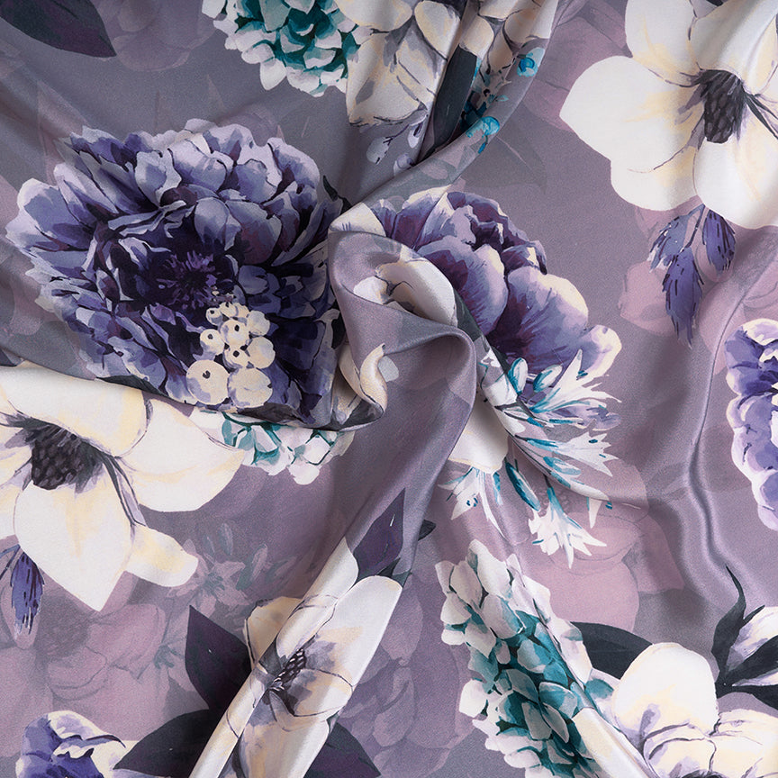 Melancholic Purple Floral Digital Printedpure Natural Crepe