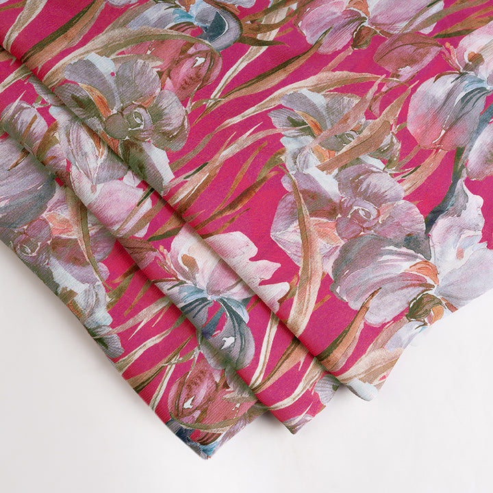 Bright Pink Floral Digital Printed Fresh Wrinkled Chinnon
