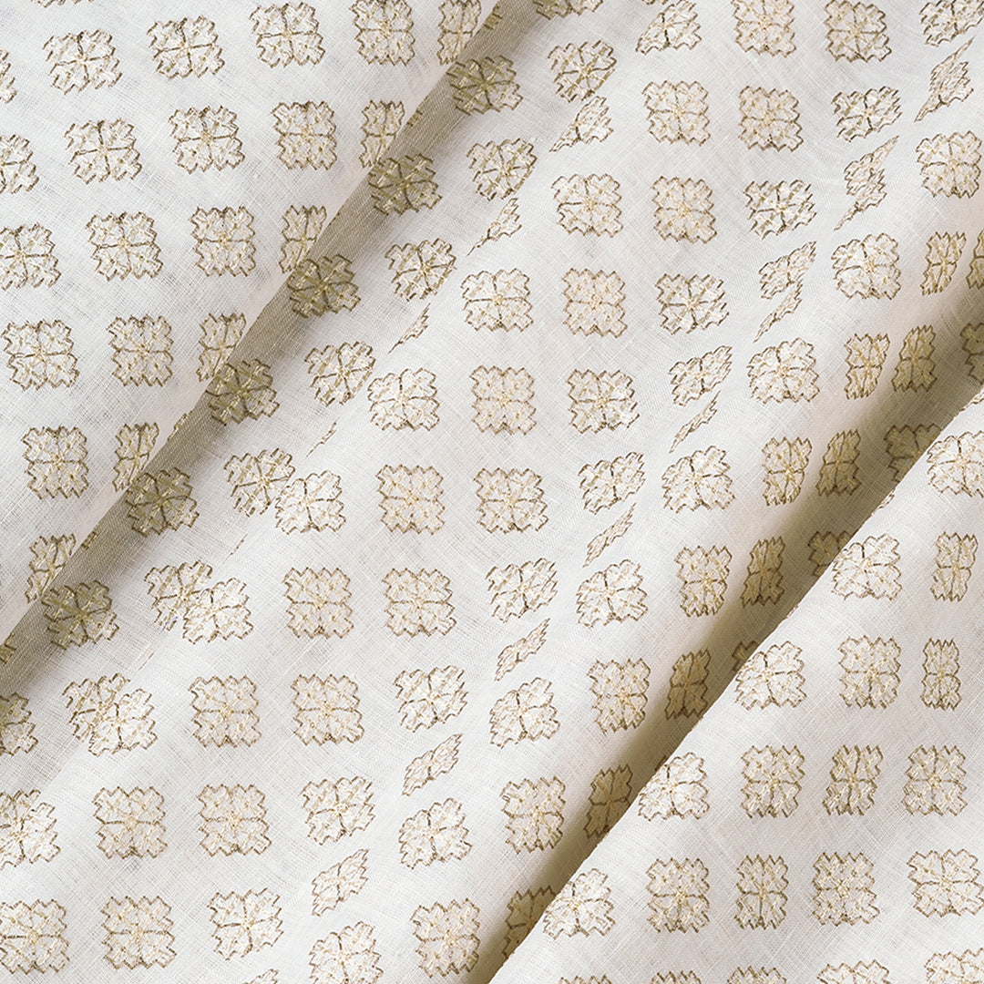 Geometric Golden Zari Linen Embroidered Fabric