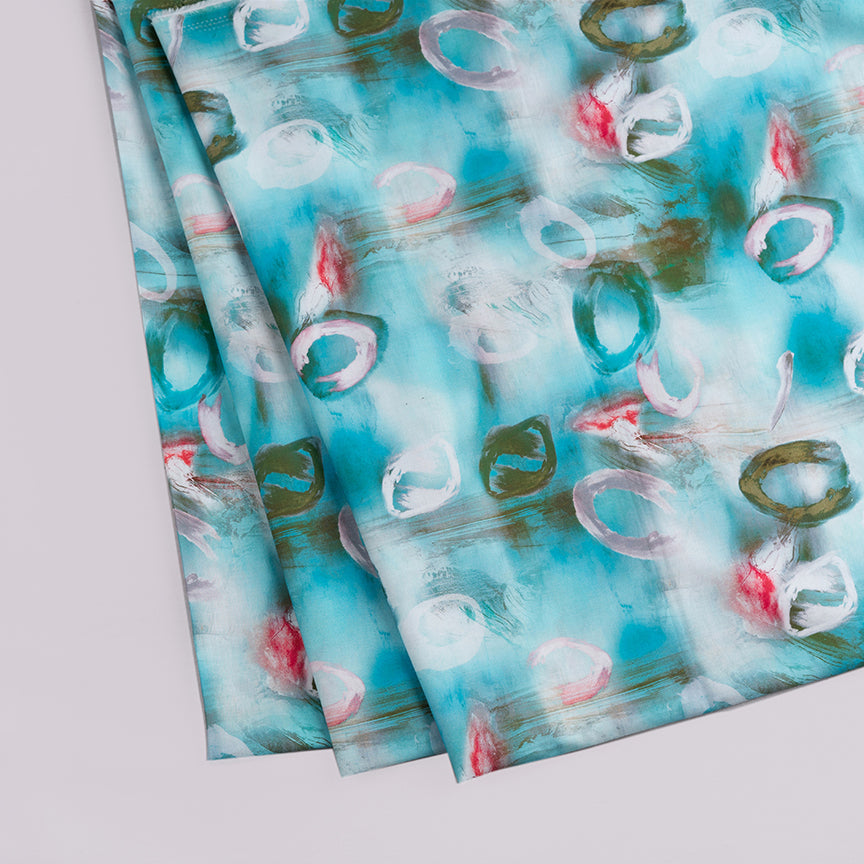 Bold Abstract Turquoise Digital Printed Pure Cotton Cambric