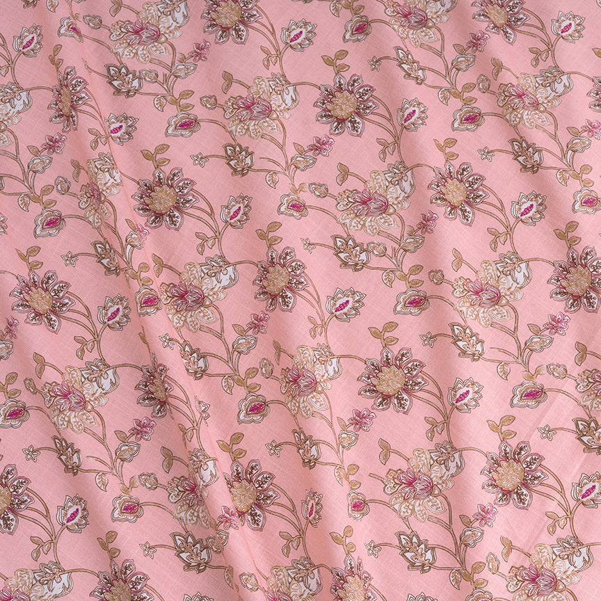Floral Flamingo Pink Digital Printed Linen Lookalike Cotton Slub
