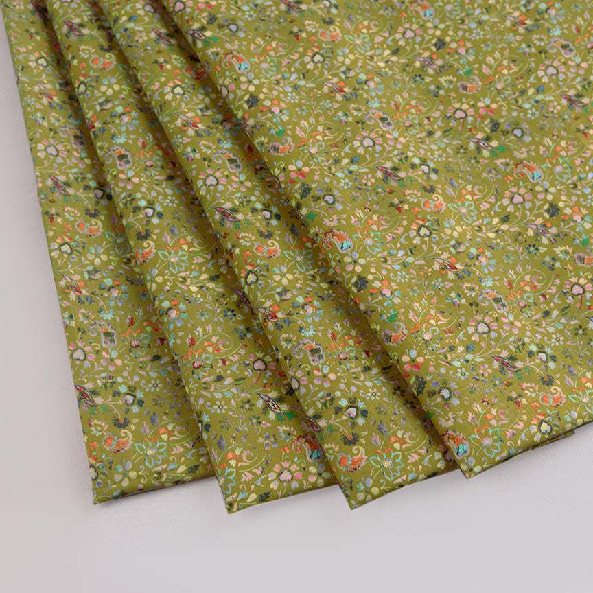 Olive Green Jali Digital Printed Linen Lookalike Cotton Slub