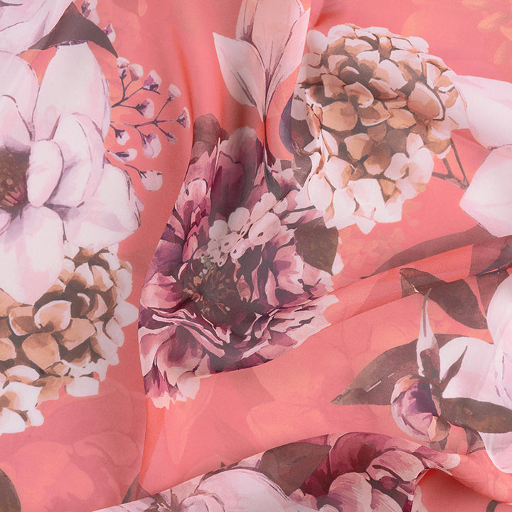 Salmon Pink Floral Digital Printed Soft Organza Silk