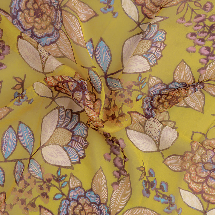 Bright Mustard Floral Digital Printed Soft Organza Silk
