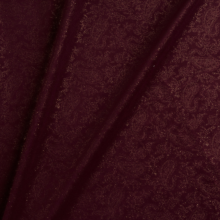 Maroon Velvet Fabric With Gold Foil Paisley
