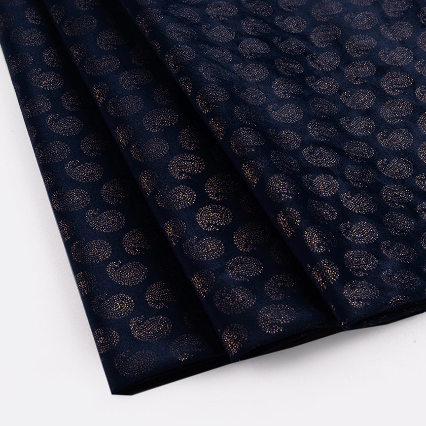 Navy Blue Velvet Fabric With Gold Foil Paisleys