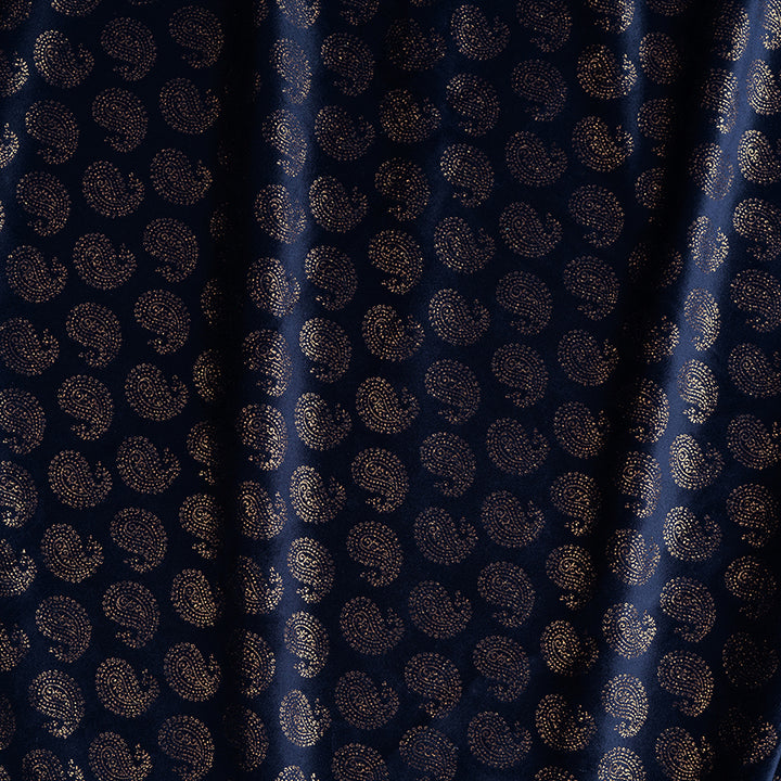 Navy Blue Velvet Fabric With Gold Foil Paisleys