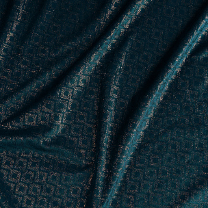 Bottle Green Velvet Fabric With Geometric Gold Foil