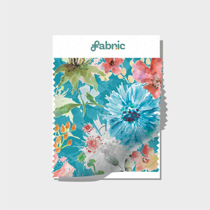 Bright Firozi Blue Floral Digital Printed Cotton Slub