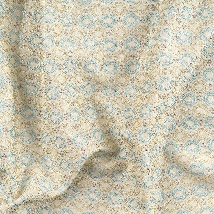 Ethnic Teal And Off White Embroidery With Zari On 100% Pure Linen Fabric